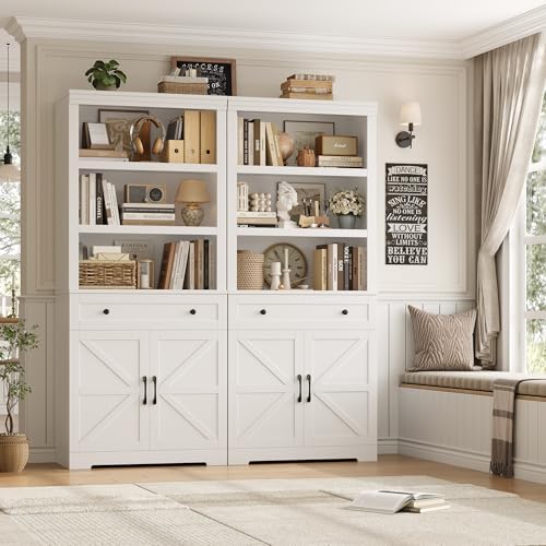 HOSTACK 72"H Bookshelf with Storage, Tall Bookcase with Deep Cabinet, White