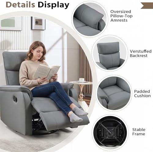 HAOMARKETS Swivel Rocker Recliner Chair Set of 2, Manual Faux Leather Glider Rocking Recliners for Adults, 360° Swivel Nursery Reclining Sofa with Padded Backrest for Living Room, Grey