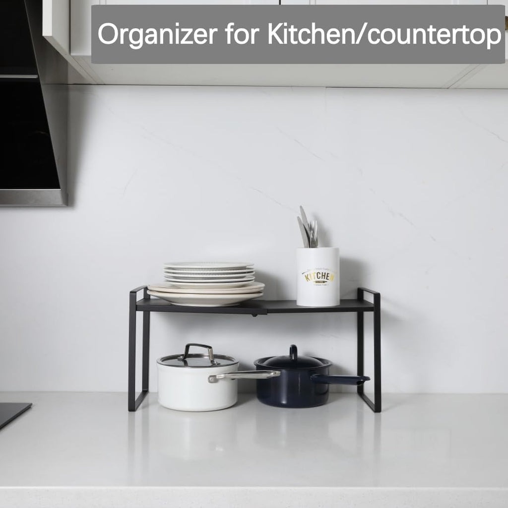 Expandable Cabinet Shelf Organizer Riser for Kitchen Pantry Cupboard Under Sink Countertop (black, 8.2’’D * 12.2-21.6’’W * 10.4’’H)