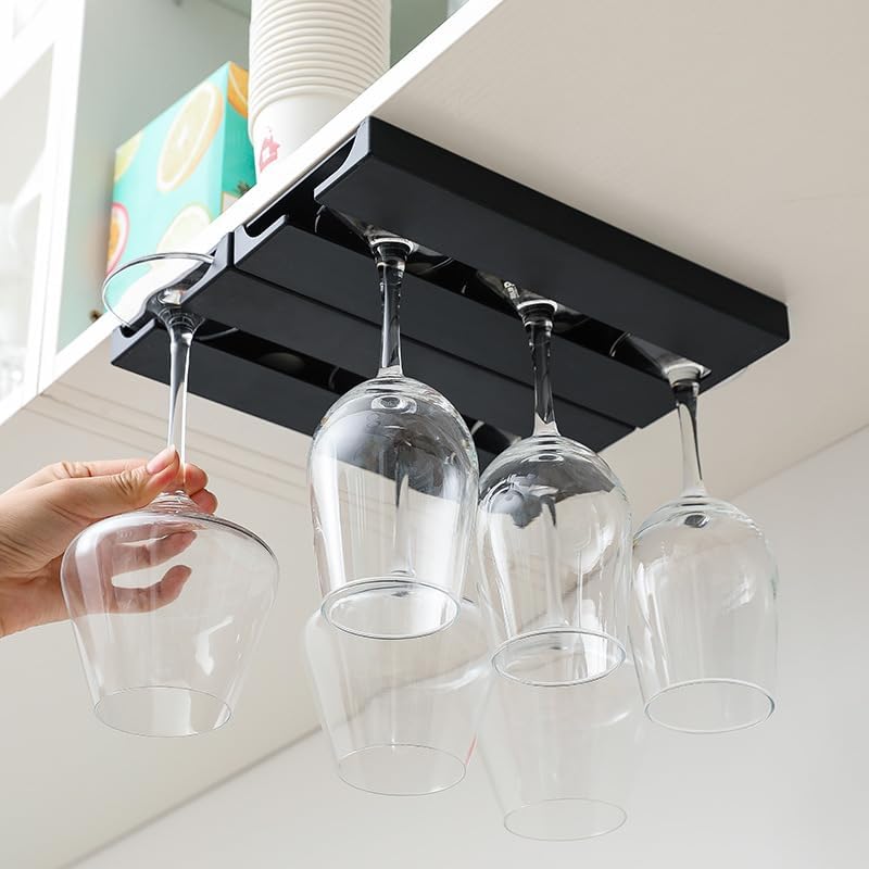 No-Drill Wine Glass Holder, Under-Cabinet Hanging Rack for Wine Glasses, Space-Saving Storage Organizer (Black)
