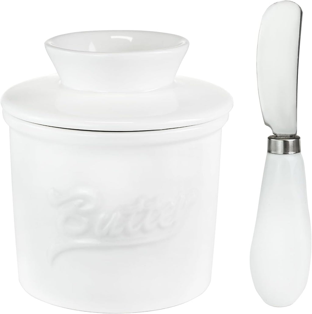 Ceramic Butter Crock with Lid & Spreader Knife, Butter Keeper - Ideal Butter Storage & Countertop Butter Dish, White