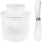 Ceramic Butter Crock with Lid & Spreader Knife, Butter Keeper - Ideal Butter Storage & Countertop Butter Dish, White