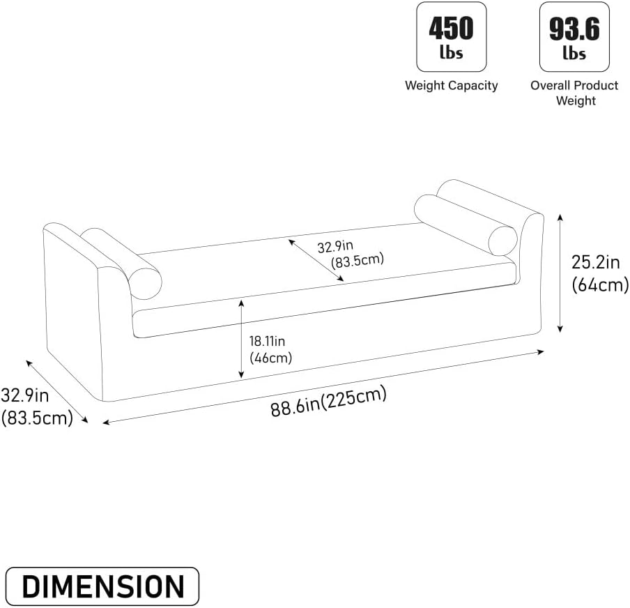 88.58" Chenille End of Bed Bench Chaise Lounge, Upholstered Bedroom Benc...