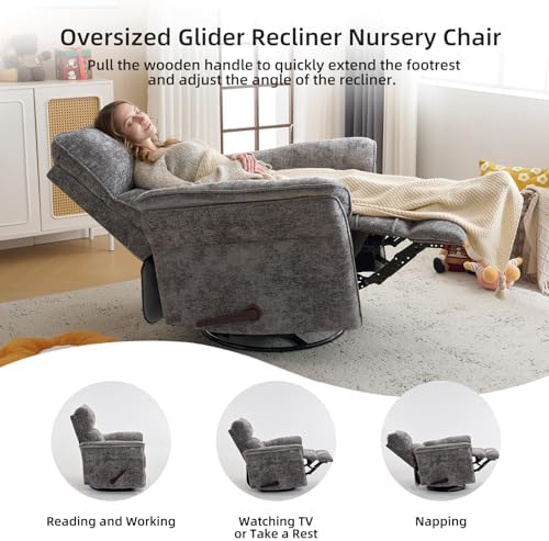 Oversized Glider Rocker Recliner, 24" Extra Wide 360° Swivel Nursery Recliner with Adjustable Headrest, Chenille Rocking Nursery Chair with Overstuffed Armrest, Lumbar Support, Dark Grey