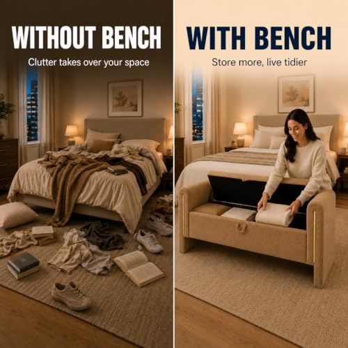 52" Upholstered Storage Bench, Brown, Armrests, Wood Frame | Mid-century...