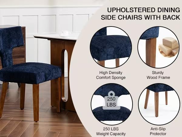 Soft Padded Dining Chairs Set of 4, Modern Farmhouse Upholstered Chairs with Linen Fabric & Rubber Wood Legs, Ergonomic Armless Seats for Dining Room Kitchen Living Room (Blue)