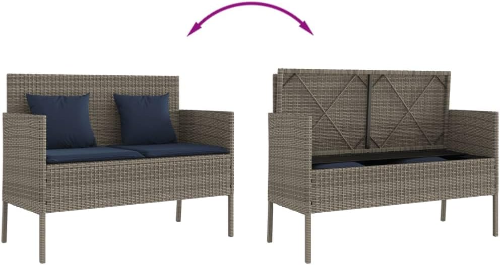Gray Patio Bench with Storage, PE Rattan Outdoor Storage Bench with Cushions ...