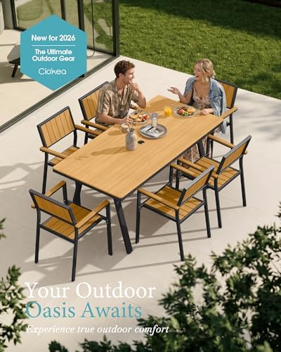 Aluminum Outdoor Dining Set of 6, Patio Table and Stackable Chairs, Teak