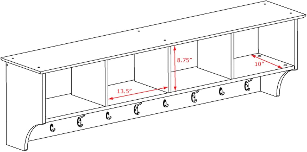 Prepac 60" Contemporary Wall Mounted Coat Rack, Coat Hooks Wall Mount with 4 Shelves, Ideal for Hallway or Entryway Storage Solution, 11.5"D x 60"W x 16.5"H, White
