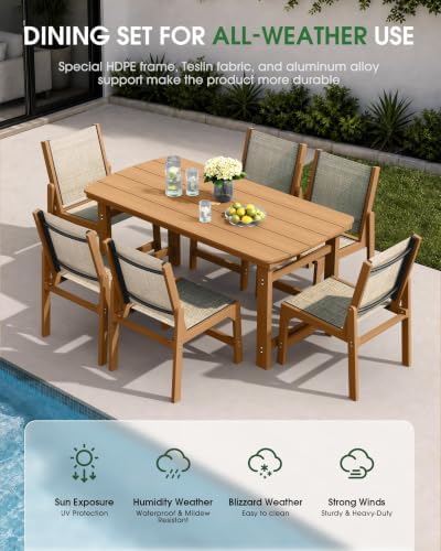 HDPE Outdoor Dining Set, Patio Table and 4 Stackable Armless Chairs, Teak