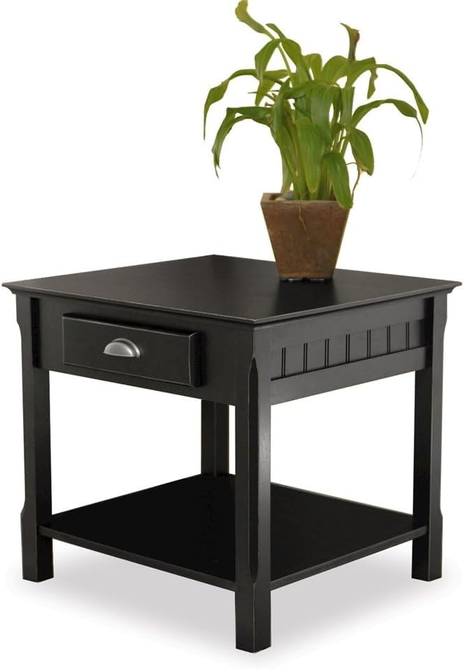 Furnifact Black End Table, Side Table with Drawer and Open Storage Shelf, Squ...