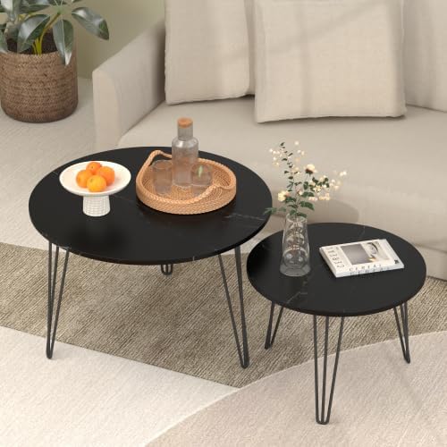 2 Piece Nesting Round Side Tables, Faux Marble Surface Nesting Coffee Table |...