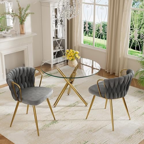 Round Glass Dining Table Set for 2, 36'' Small Minimalist Kitchen Tab...