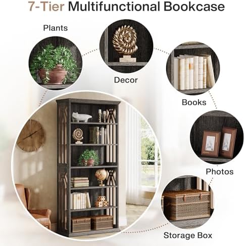 Tribesigns 6-Tier Gray Bookshelf, 75-Inch Tall Bookcase, Large Bookshelves an...