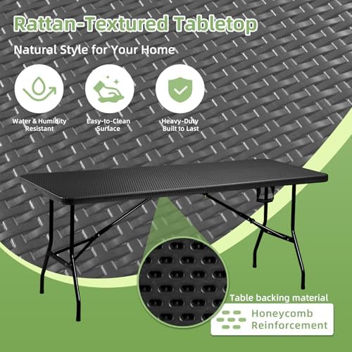 6FT Folding Table Portable Picnic Table Heavy-Duty Fold-in-Half Utility 6 Foo...