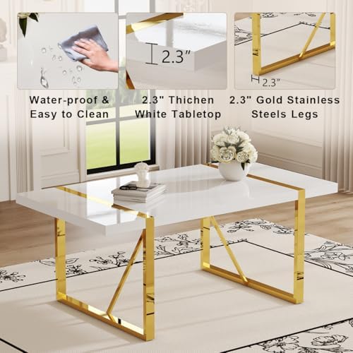 Ebullient White Dining Table Set for 8，71'' Kitchen Table and White Leather Dining Chairs Set of 8, 9 Piece Dining Room Table Set，Modern Gold Metal Frame Dinner Table Set 8 for Kitchen