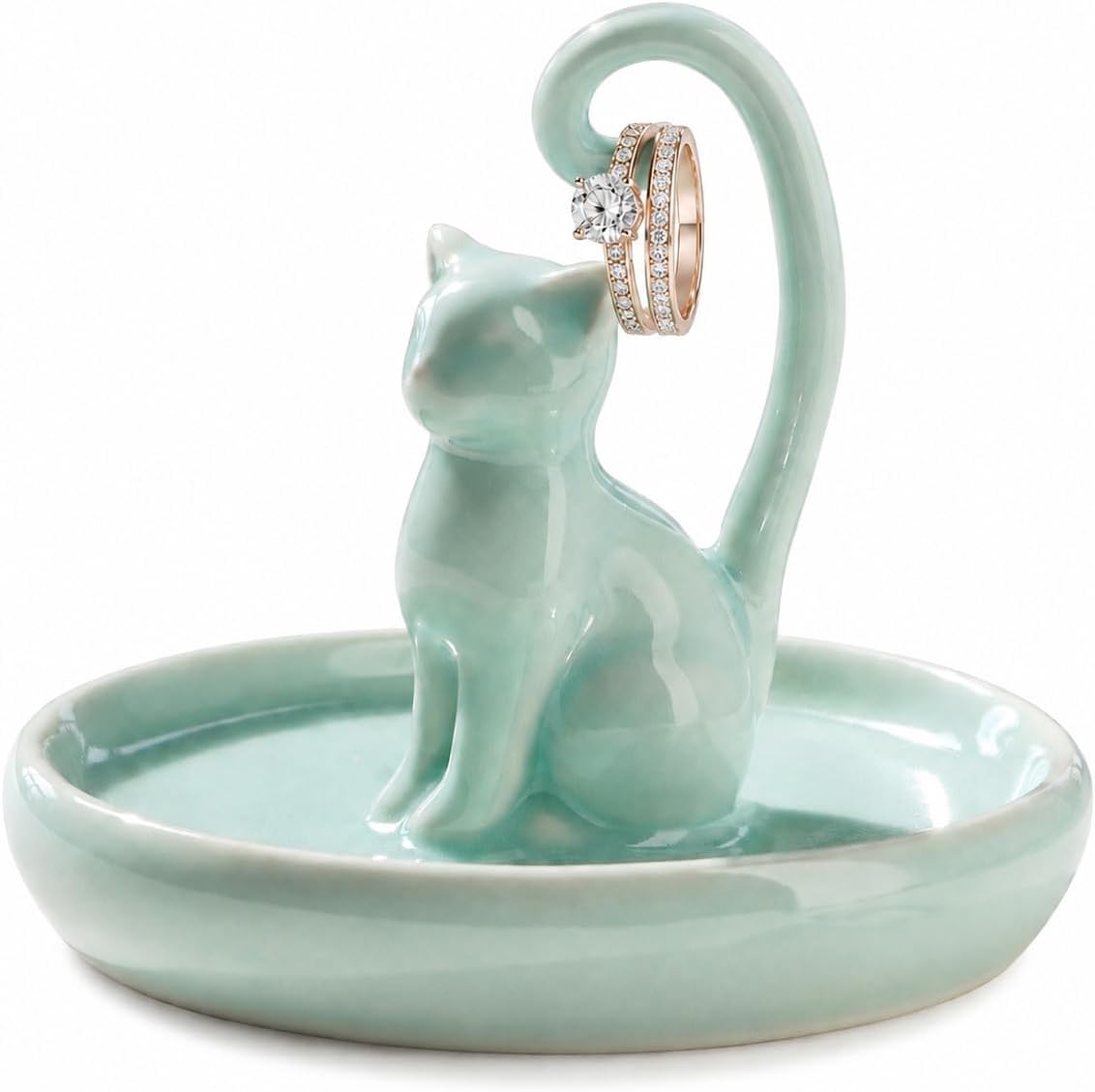 Handmade Celadon Cat Ring Holder Dish | Ceramic Jewelry Tray for Rings & Earrings, Cat Lover Gift for Women, 8th 9th Pottery Anniversary, Birthday Gift
