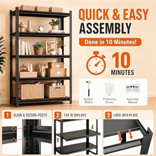 Bolt-Free Metal Bookshelf, Adjustable Tall Bookcase Freestanding Book Shelf, ...