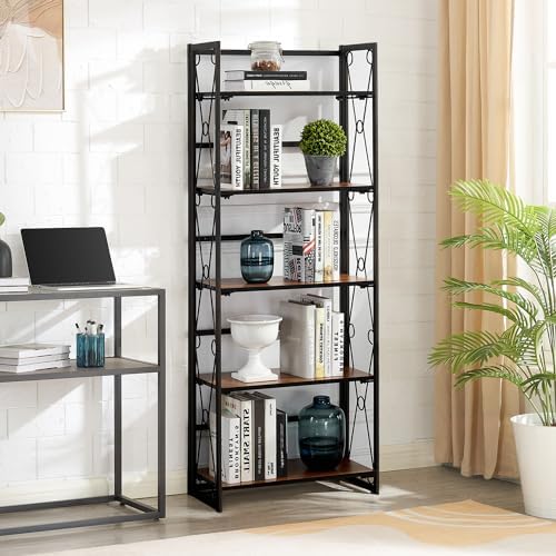 VECELO Folding Bookshelf, 5 Shelf Bookcase No Assembly, Industrial Metal Fram...