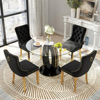 RGZ Modern 39" Clear Glass Round Dining Table Set, 5 PCS Luxury Circle Glass Top Kitchen Table with Gold Decorative Strips & 4 Black High-end Tufted Chairs for Apartment Home Dining(Black Base)
