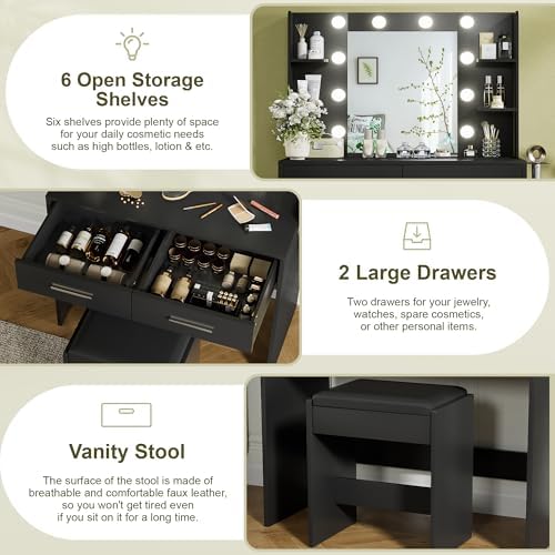 YESHOMY Vanity Desk with Mirror, Makeup Table, Pure Black | 2 Large Drawers, ...