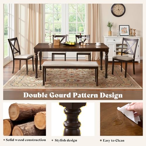 LUXOAK 6 Piece Farmhouse Dining Table Set with 71" Solid Wood Table