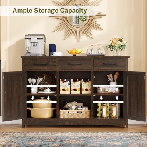 TEENFON Coffee Bar Cabinet with 3 Drawers, Farmhouse Buffet Cabinet