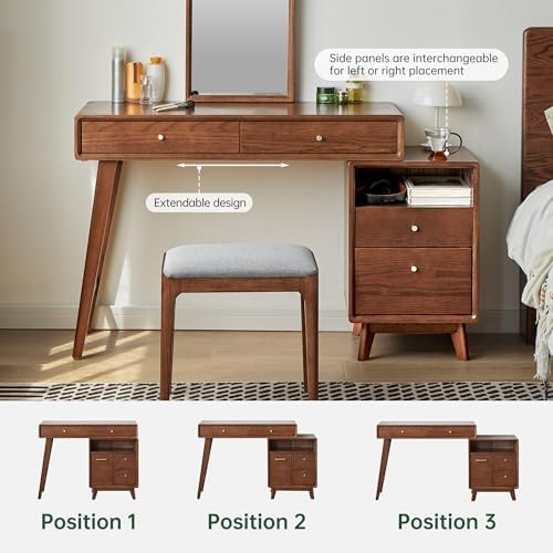 YESWOOD 35''-50'' Extendable Vanity Desk with Dresser, Oak Wo...