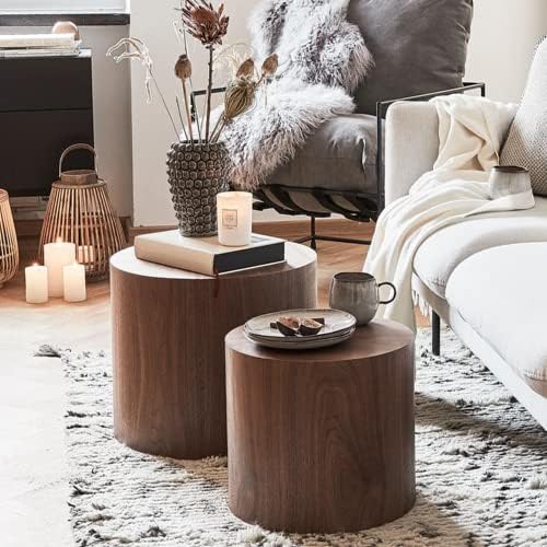 WILLIAMSPACE Nesting Coffee Table Set of 2, Walnut Round Wooden Coffee Tables...
