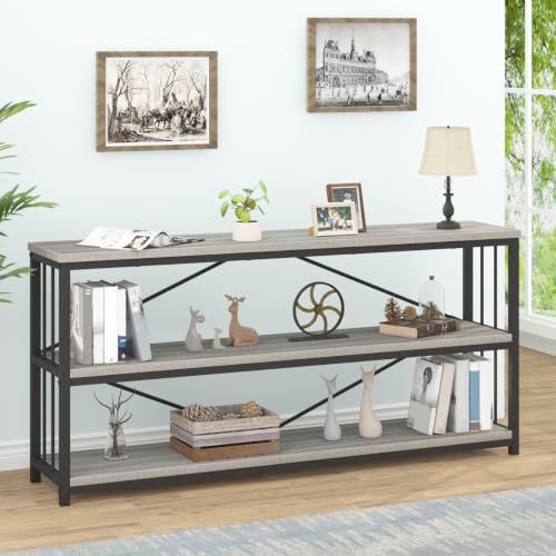 IBF 63 Inch Long Horizontal Bookshelf, Industrial 3 Tier Low Bookcase Grey
