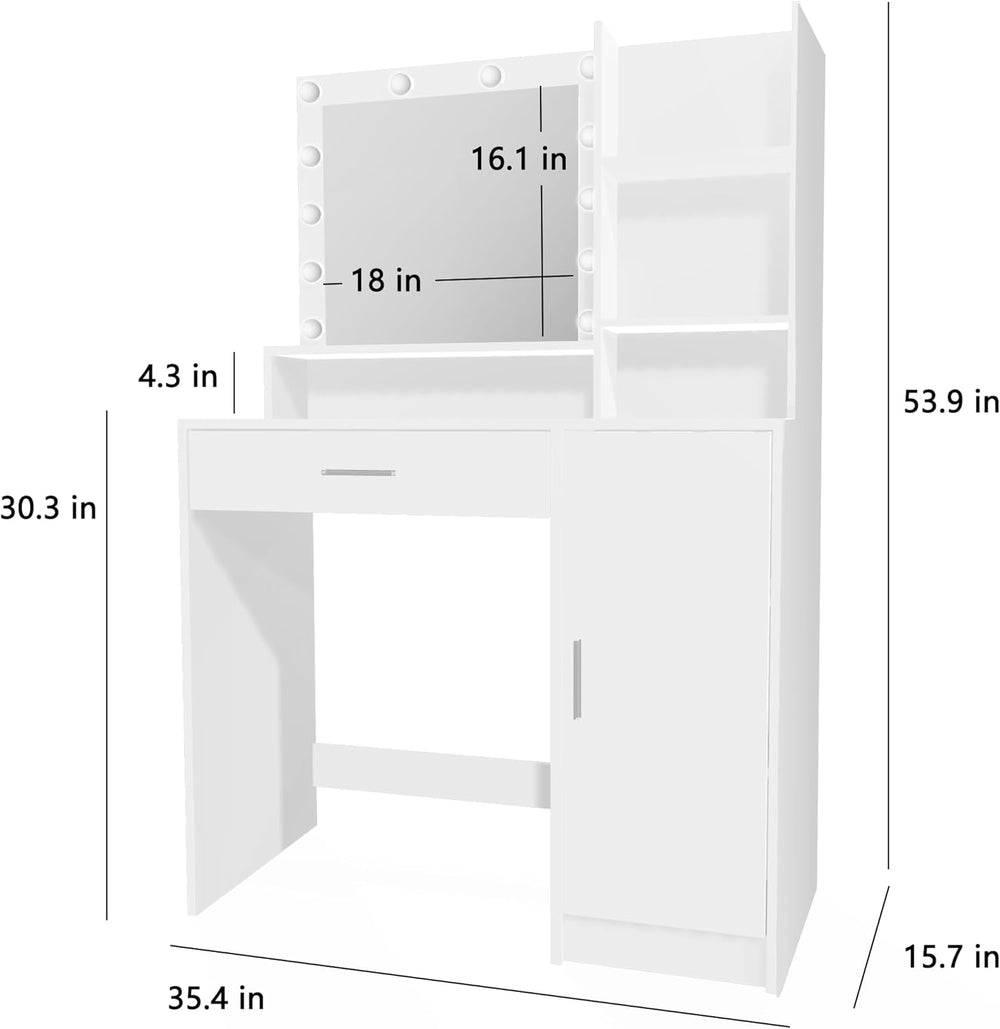 Vanity Desk with Mirror & Light, Three Level Storage Dresser & Large ...