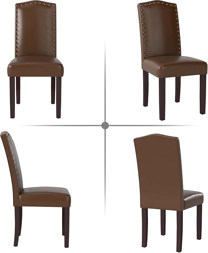 LSSBOUGHT PU Dining Chair Upholstered Parsons Kitchen Chair with Copper Nails and Solid Wood Legs for Dining Room,Restaurant (Brown, 4PCS)