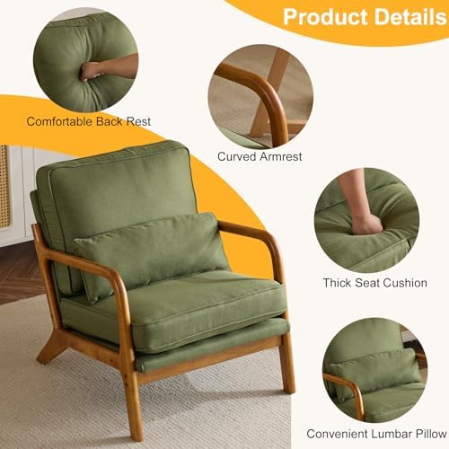 Bonnlo Dark Green Linen Accent Chairs Set of 2,Upholstered Mid Century Modern...