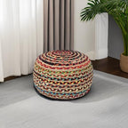 · REDEARTH · Braided Jute Cotton Pouf - Circular Boho Ottoman - Multi | Jute with Cotton Pouf, 19.5"x19.5"x14"; Braided Boho Pouffe, Doubles as Foot Rest for Living Room, Patio, Outdoor, Bedroom