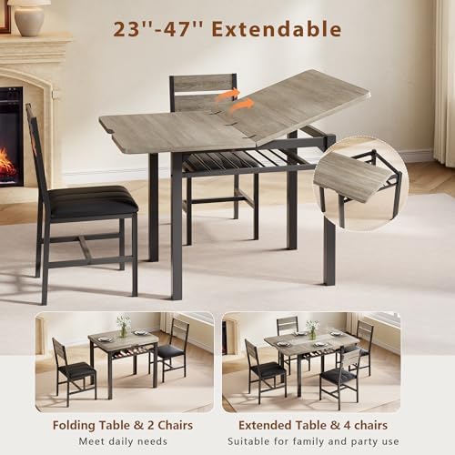 Extendable Dining Table Set for 4 with Shelf Rack&4 PU Leather Chairs Grey