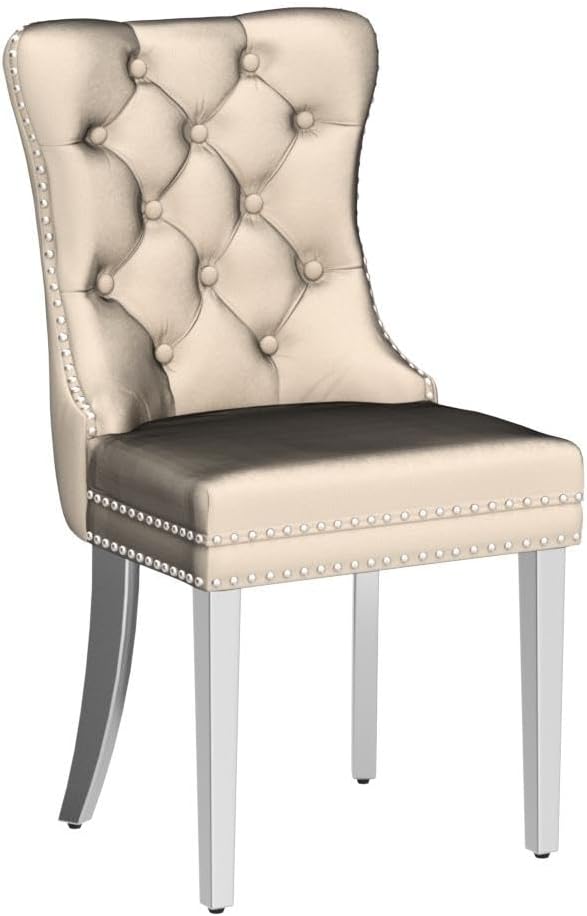 KCC Velvet Dining Chairs Set of 2, Upholstered High-end Tufted Dining Room Chair with Nailhead Back Ring Pull Trim Stainless Steel Legs, Contemporary Nikki Collection Modern Style for Kitchen, Beige