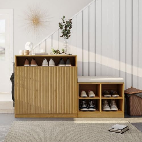 Modern Entryway Bench with 4-Tier Shoe Rack & Storage Cabinet, Features Removable Cushion, Wavy Slatted Door, Hooks and 3 Adjustable Shelves for Living Room, Hallway (Natural)