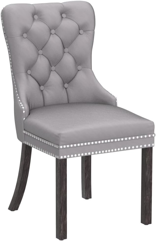 KCC Velvet Dining Chairs Set of 6, Upholstered High-end Tufted Dining Room Chair with Nailhead Back Ring Pull Trim Solid Wood Legs, Nikki Collection Modern Style for Kitchen, Light Grey