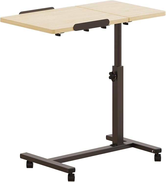 Tilting Overbed Table with Wheels, Adjustable Height Laptop Stand for Couch, Bed Desk Hospital Overbed Table Side Tray Tables, Office Carts & Stands (Log)