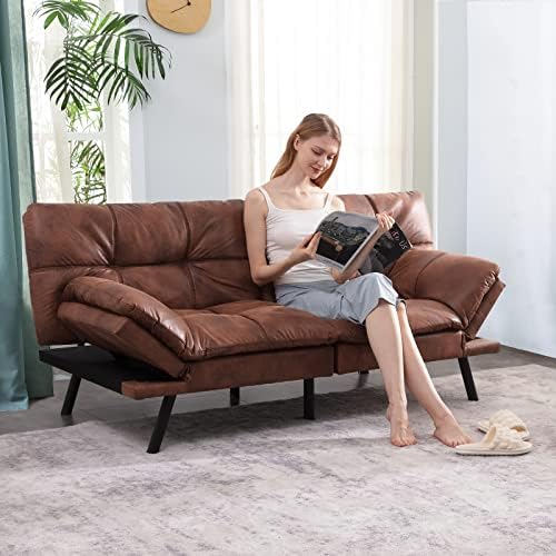 Opoiar Leather Futon Sofa Bed,Convertible Memory Foam Couch Bed,Futon Sets Da...