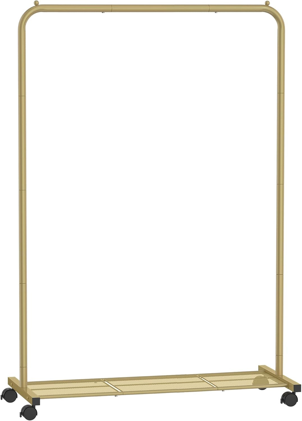 SONGMICS Clothes Rack with Wheels, Clothing Rack for Hanging Clothes, 25.4 mm Metal Garment Rack with Dense Mesh Storage Shelf, 110 lb Load Capacity, 2 Brakes, Gold UHSR025A01