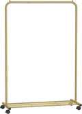 SONGMICS Clothes Rack with Wheels, Clothing Rack for Hanging Clothes, 25.4 mm Metal Garment Rack with Dense Mesh Storage Shelf, 110 lb Load Capacity, 2 Brakes, Gold UHSR025A01