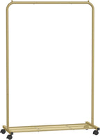 SONGMICS Clothes Rack with Wheels, Clothing Rack for Hanging Clothes, 25.4 mm Metal Garment Rack with Dense Mesh Storage Shelf, 110 lb Load Capacity, 2 Brakes, Gold UHSR025A01