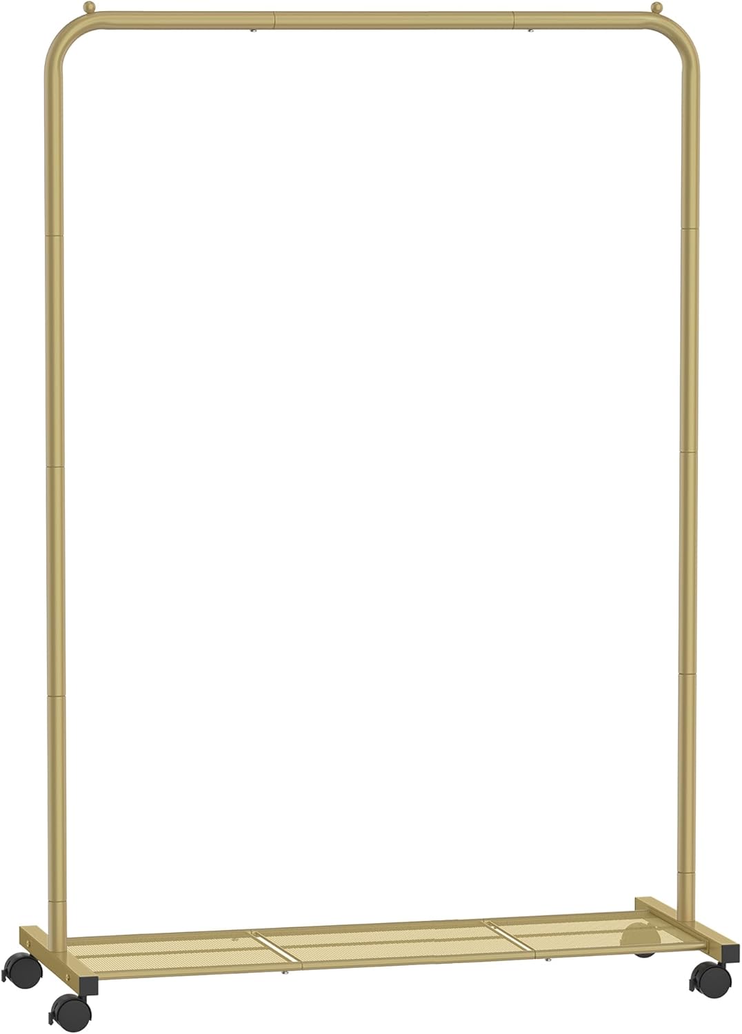 SONGMICS Clothes Rack with Wheels, Clothing Rack for Hanging Clothes, 25.4 mm Metal Garment Rack with Dense Mesh Storage Shelf, 110 lb Load Capacity, 2 Brakes, Gold UHSR025A01