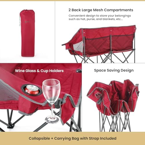 ARROWHEAD OUTDOOR Portable Folding Double Duo Camping Chair Loveseat w/ 2 Cup...