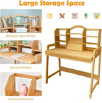 Kids Desk and Chair Set, Height Adjustable Bamboo Study Desk with Storage Hutch and Bookshelf, Wooden Writing Table for Toddlers and Kids, Easy-Clean Surface, Natural (02)