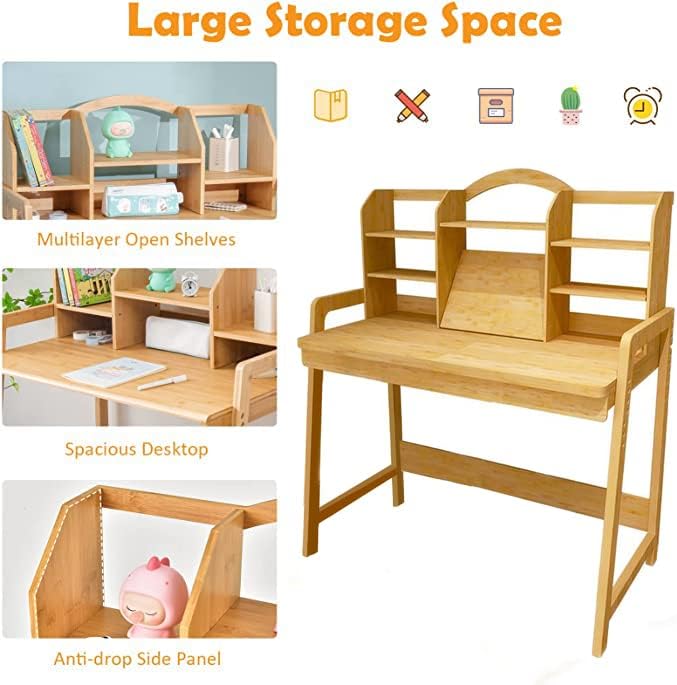 Kids Desk and Chair Set, Height Adjustable Bamboo Study Desk with Storage Hutch and Bookshelf, Wooden Writing Table for Toddlers and Kids, Easy-Clean Surface, Natural (02)