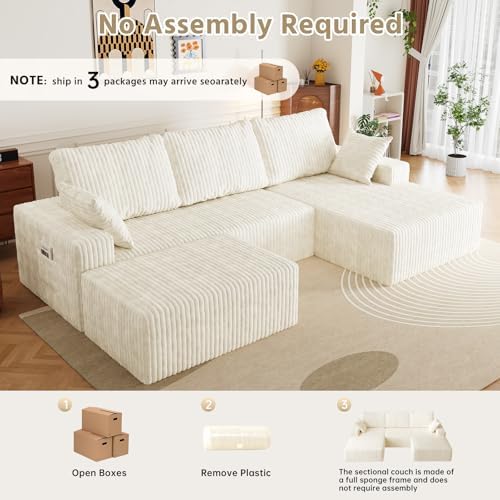 108" U-Shape Modular Sectional Cloud Cream Couch with Ottoman, Deep Seat...
