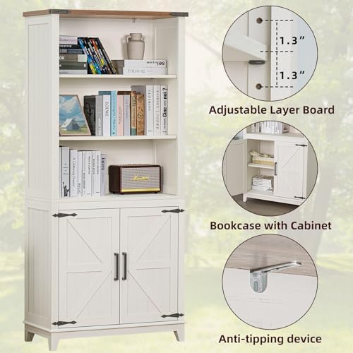 Joaxswe 5 Tier Bookshelf 70in Tall Bookcase with Barn Doors and Storage Cabin...
