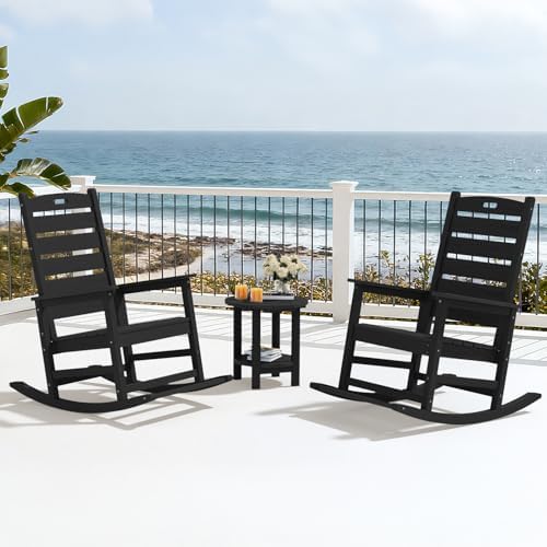 SERWALL Outdoor Rocking Chair Set of 2, Oversized HDPE Rocker, Black | Heavy ...